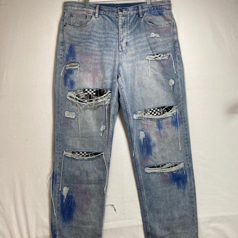 Ksubi Distressed Checkerboard Patch Mens 38 Light Wash Blue Paint Splatter Jeans